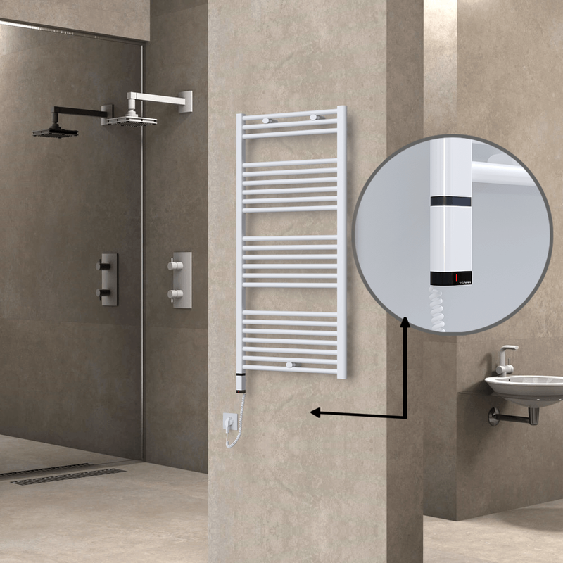 Haiti Electric Towel Warmer 600x1200 Flat White Gloss (OneD On/Off ) Left 600 Watt