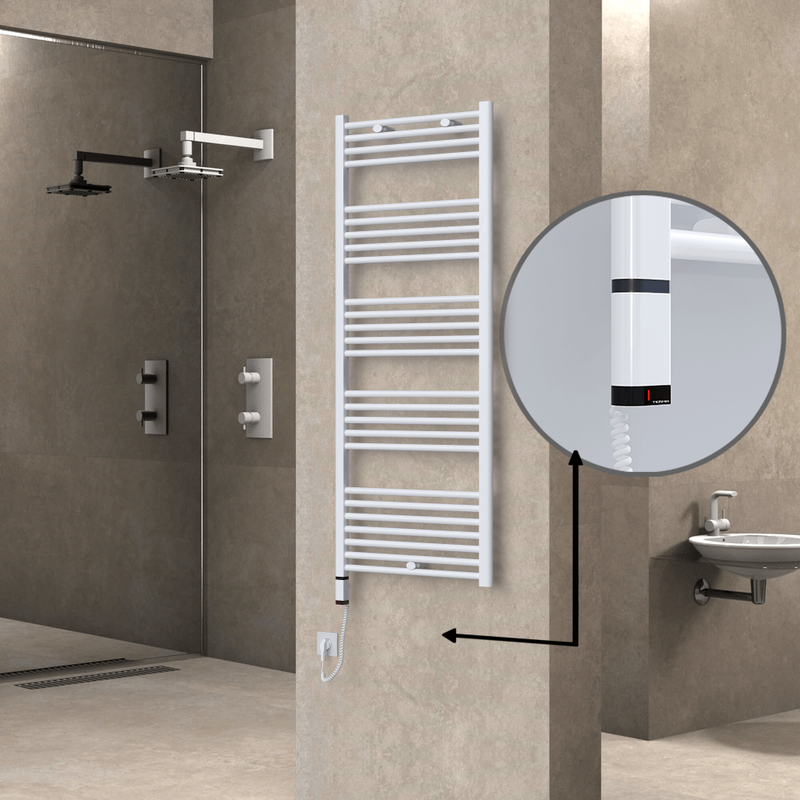 Haiti Electric Towel Warmer 600x1500 Flat White Gloss (OneD On/Off ) Left 600 Watt