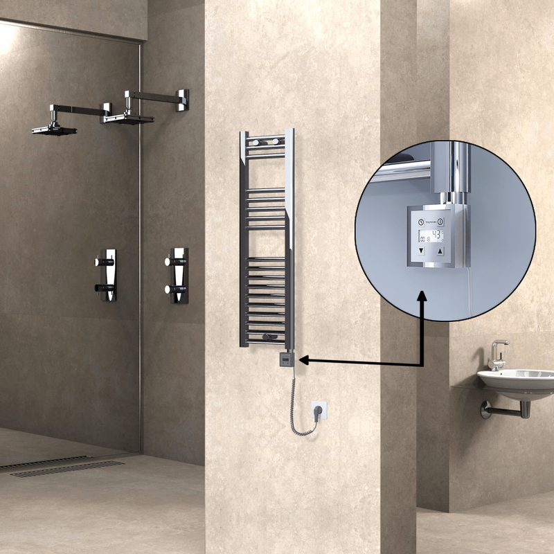 Haiti Electric Towel Warmer 300x1000 Flat Chrome (KTX3 Thermostat) 200 Watt Spiral Cable