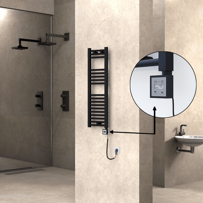 Haiti Electric Towel Warmer 300x1000 Flat Black Matt (KTX3 Thermostat) 300 Watt Spiral Cable