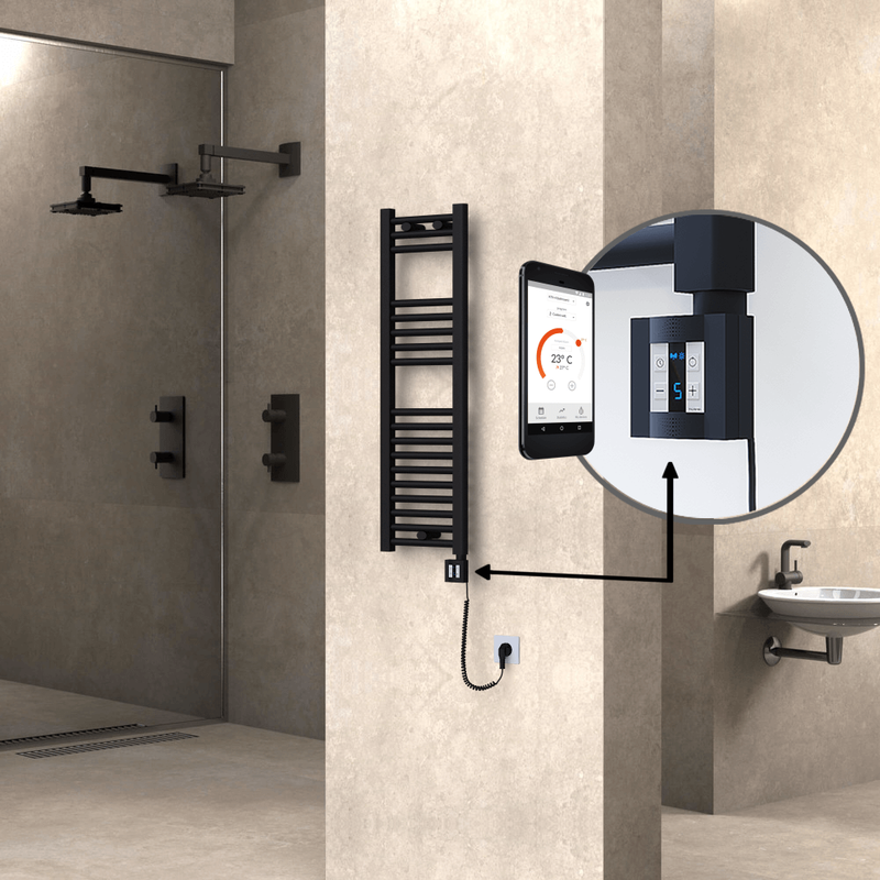 Haiti Electric Towel Warmer 300x1000 Flat Black Matt (KTX4 Thermostat) 300 Watt Spiral Cable