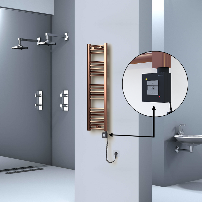 Haiti Electric Towel Warmer 300x1100 Flat Antique Copper Gloss (KTX1 Thermostat) 200 Watt Spiral Cable