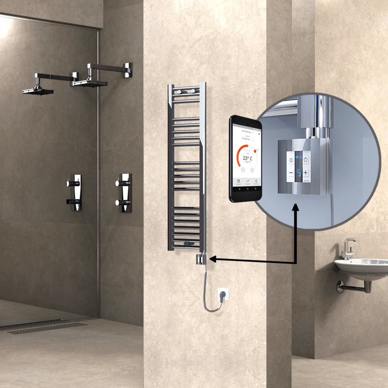 Haiti Electric Towel Warmer 300x1100 Flat Chrome (KTX4 Thermostat) 200 Watt Spiral Cable
