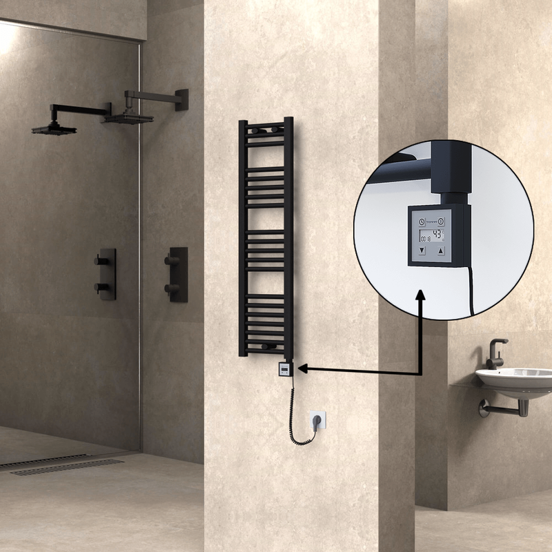 Haiti Electric Towel Warmer 300x1100 Flat Black Matt (KTX3 Thermostat) 300 Watt Spiral Cable