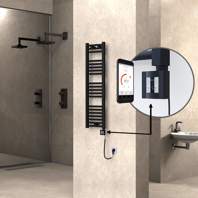 Haiti Electric Towel Warmer 300x1100 Flat Black Matt (KTX4 Thermostat) 300 Watt Spiral Cable