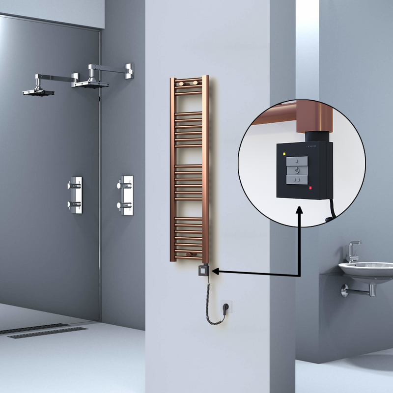 Haiti Electric Towel Warmer 300x1200 Flat Antique Copper Gloss (KTX1 Thermostat) 200 Watt Spiral Cable