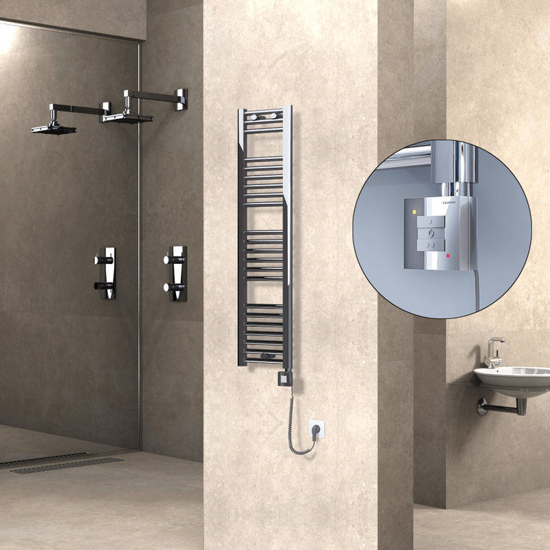 Haiti Electric Towel Warmer 300x1200 Flat Chrome (KTX1 Thermostat) 200 Watt Spiral Cable