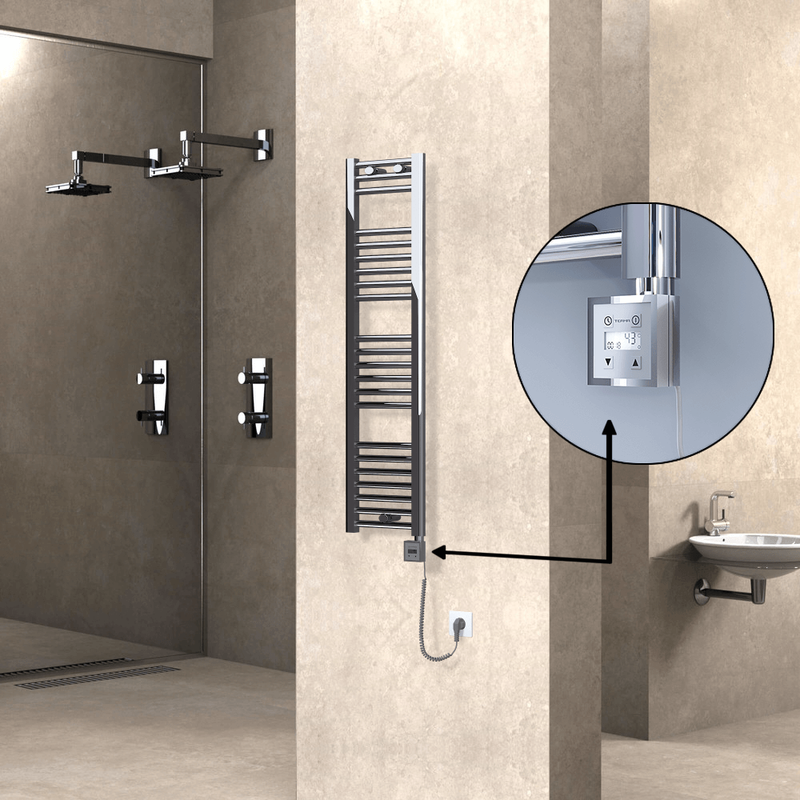 Haiti Electric Towel Warmer 300x1200 Flat Chrome (KTX3 Thermostat) 200 Watt Spiral Cable