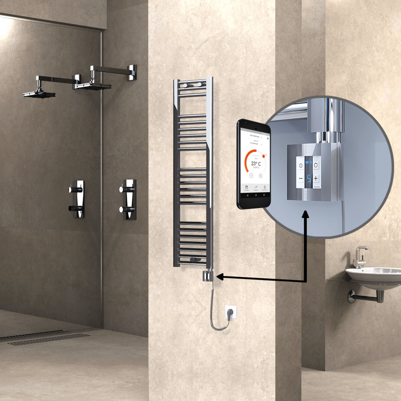 Haiti Electric Towel Warmer 300x1200 Flat Chrome (KTX4 Thermostat) 200 Watt Spiral Cable
