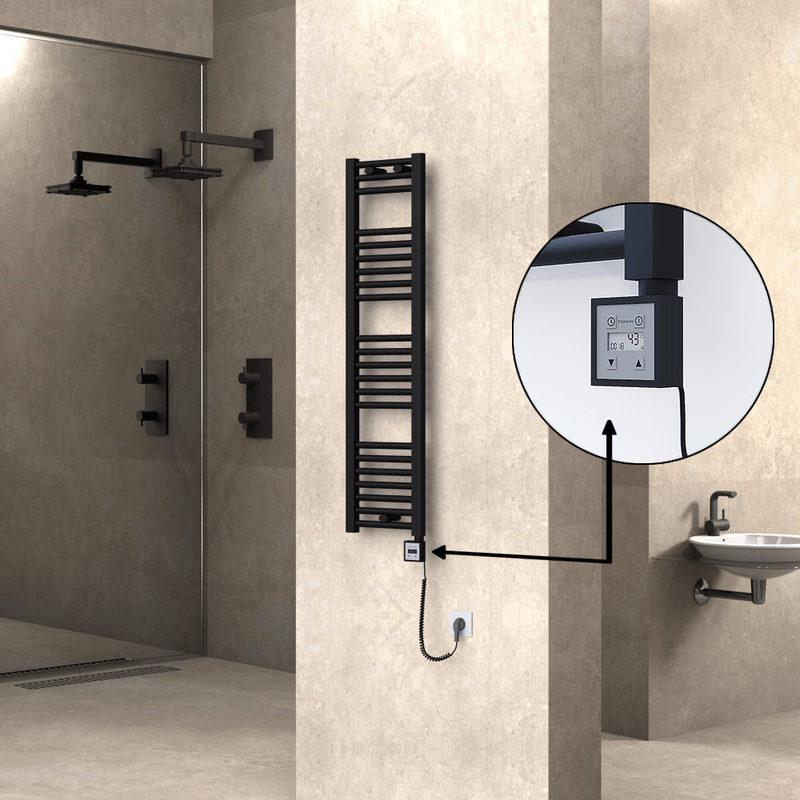 Haiti Electric Towel Warmer 300x1200 Flat Black Matt (KTX3 Thermostat) 300 Watt Spiral Cable
