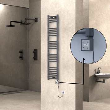 Radiva - Haiti Electric Towel Warmer 300x1500 Flat Anthracite Textured (KTX3 Thermostat) 600 Watt Spiral Cable