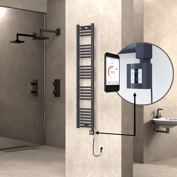 Radiva - Haiti Electric Towel Warmer 300x1500 Flat Anthracite Textured (KTX4 Thermostat) 600 Watt Spiral Cable