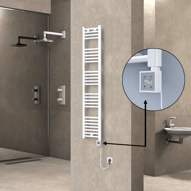 Haiti Electric Towel Warmer 300x1500 Flat White Gloss (KTX3 Thermostat) 600 Watt Spiral Cable