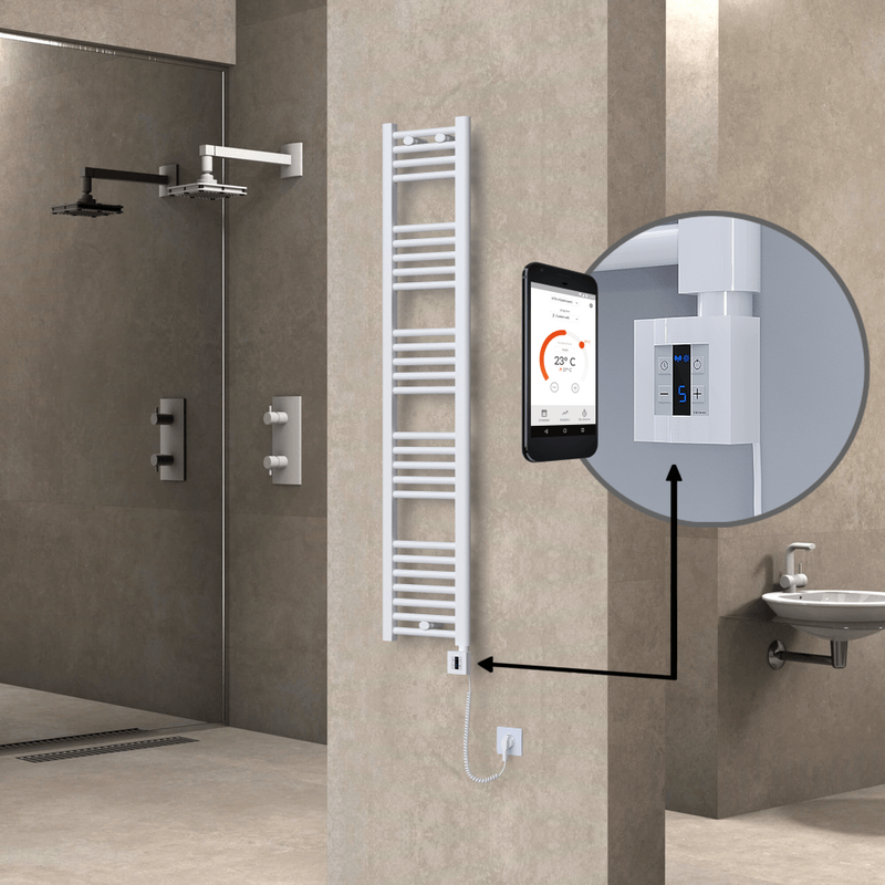Haiti Electric Towel Warmer 300x1500 Flat White Gloss (KTX4 Thermostat) 600 Watt Spiral Cable
