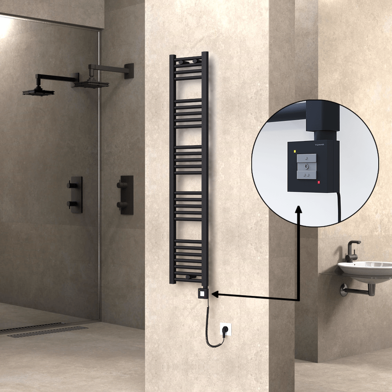 Haiti Electric Towel Warmer 300x1500 Flat Black Matt (KTX1 Thermostat) 600 Watt Spiral Cable