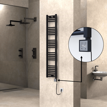Radiva - Haiti Electric Towel Warmer 300x1500 Flat Black Matt (KTX3 Thermostat) 600 Watt Spiral Cable