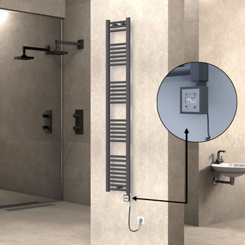 Radiva - Haiti Electric Towel Warmer 300x1800 Flat Anthracite Textured (KTX3 Thermostat) 600 Watt Spiral Cable
