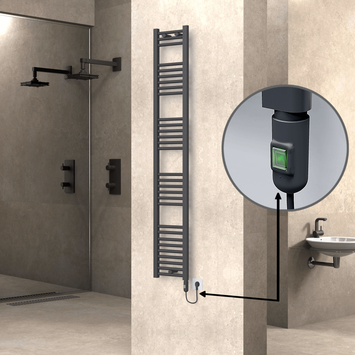Radiva - Haiti Electric Towel Warmer 300x1800 Flat Anthracite Textured (On/Off Button) 600 Watt