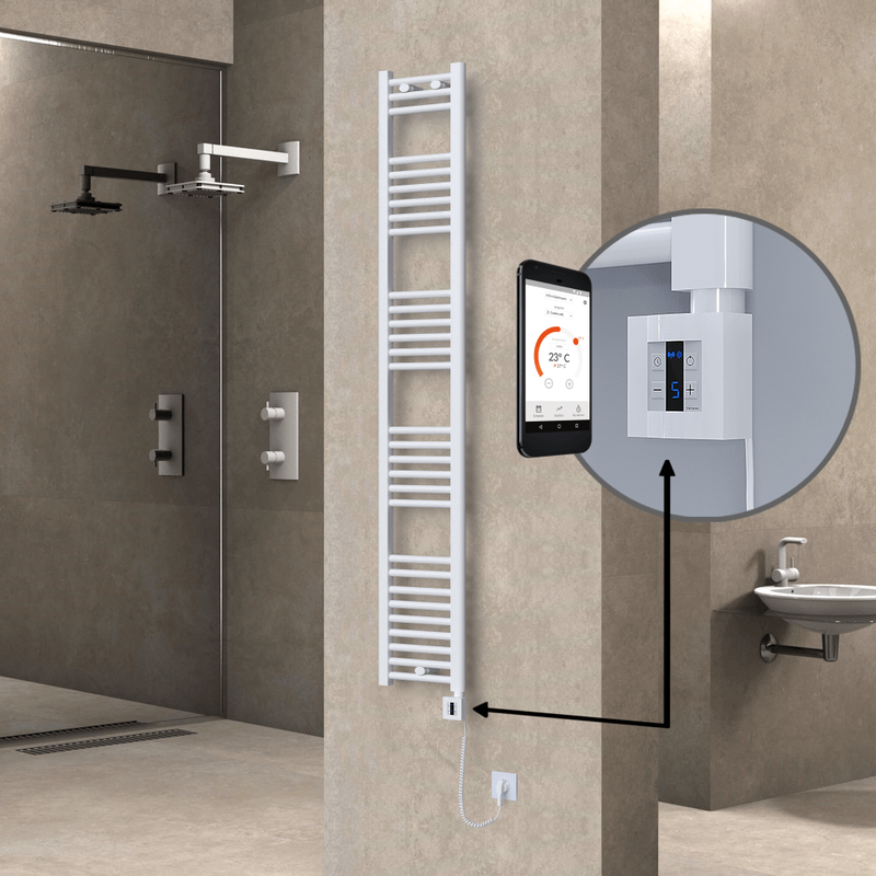 Haiti Electric Towel Warmer 300x1800 Flat White Gloss (KTX4 Thermostat) 600 Watt Spiral Cable