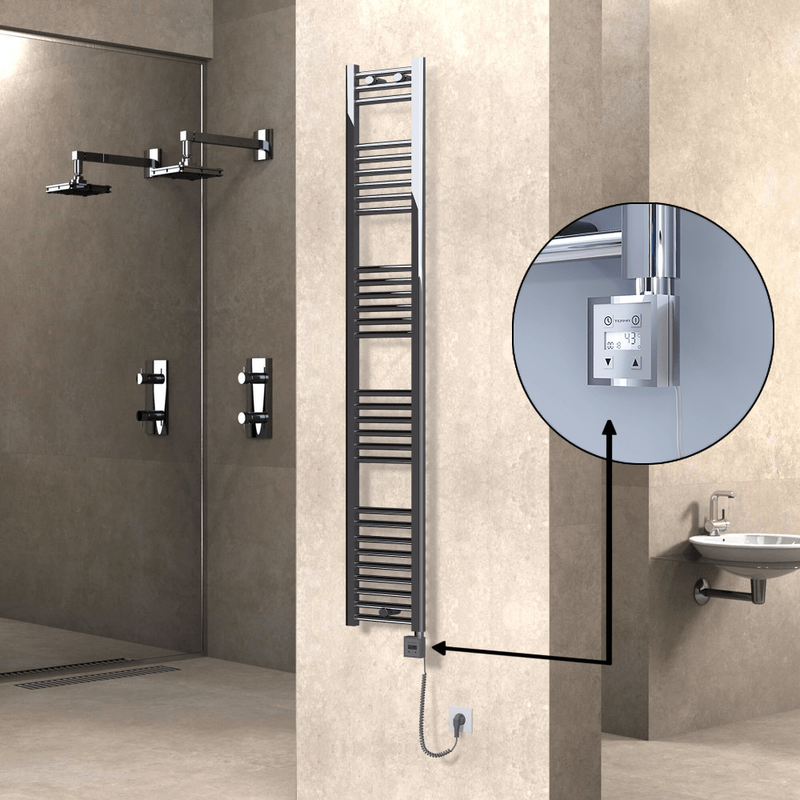 Haiti Electric Towel Warmer 300x1800 Flat Chrome (KTX3 Thermostat) 300 Watt Spiral Cable