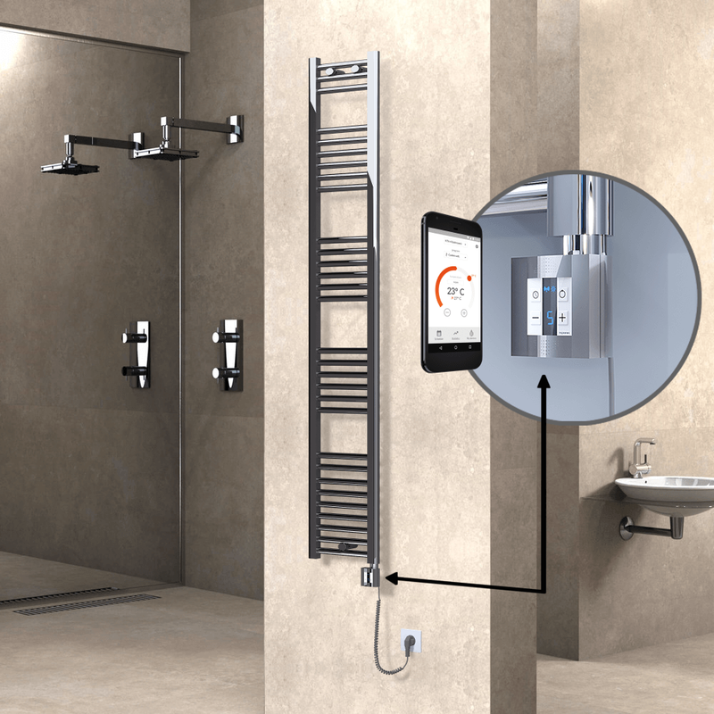 Haiti Electric Towel Warmer 300x1800 Flat Chrome (KTX4 Thermostat) 300 Watt Spiral Cable