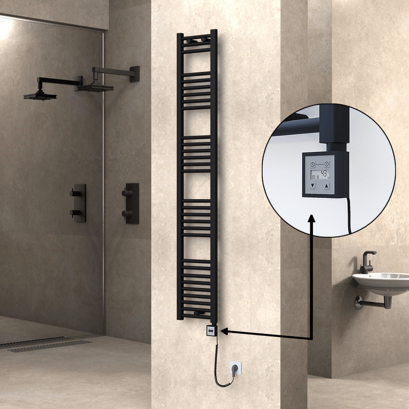 Haiti Electric Towel Warmer 300x1800 Flat Black Matt (KTX3 Thermostat) 600 Watt Spiral Cable