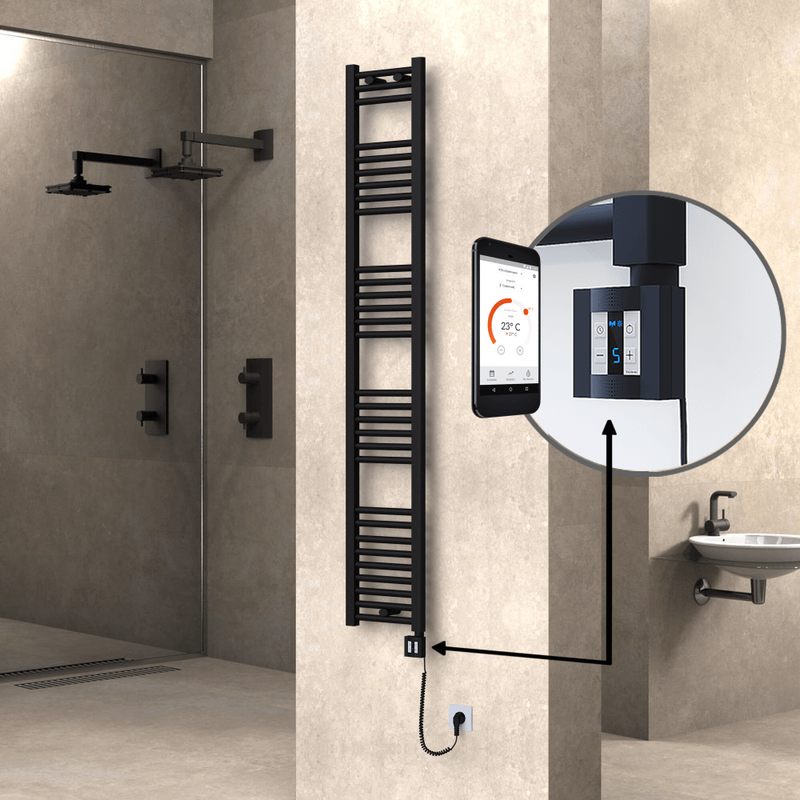 Haiti Electric Towel Warmer 300x1800 Flat Black Matt (KTX4 Thermostat) 600 Watt Spiral Cable