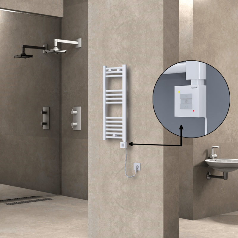 Haiti Electric Towel Warmer 300x800 Flat White Gloss (KTX1 Thermostat) 200 Watt Spiral Cable
