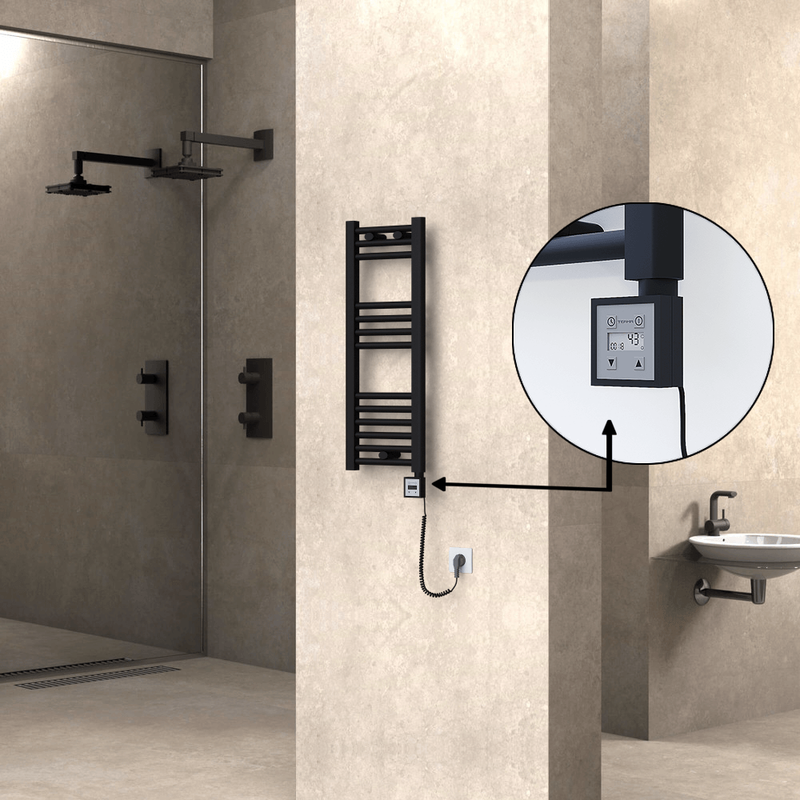 Haiti Electric Towel Warmer 300x800 Flat Black Matt (KTX3 Thermostat) 200 Watt Spiral Cable
