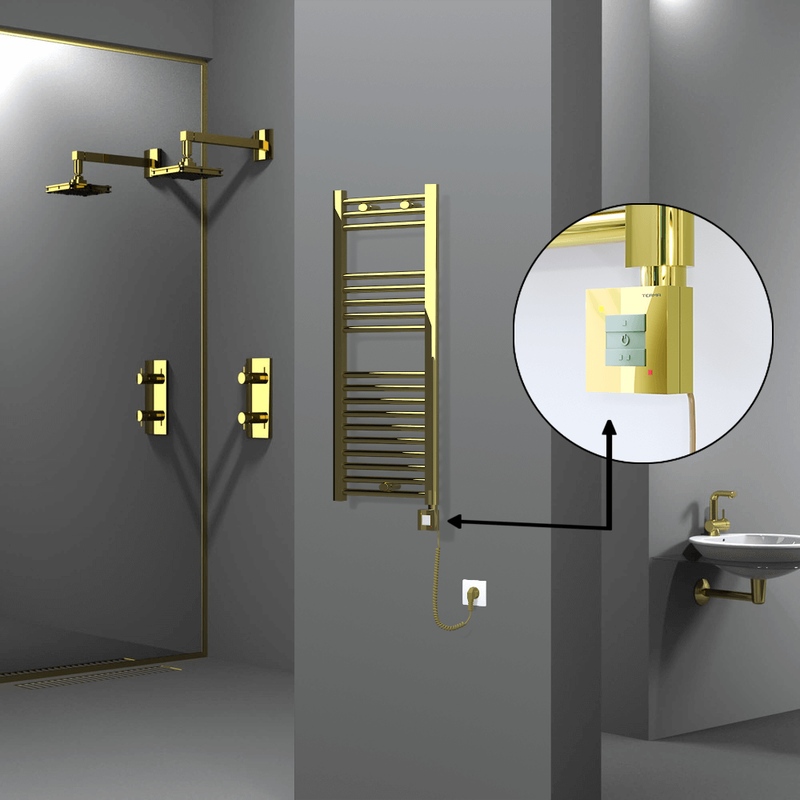 Haiti Electric Towel Warmer 400x1000 Flat Gold (KTX1 Thermostat) 200 Watt Spiral Cable