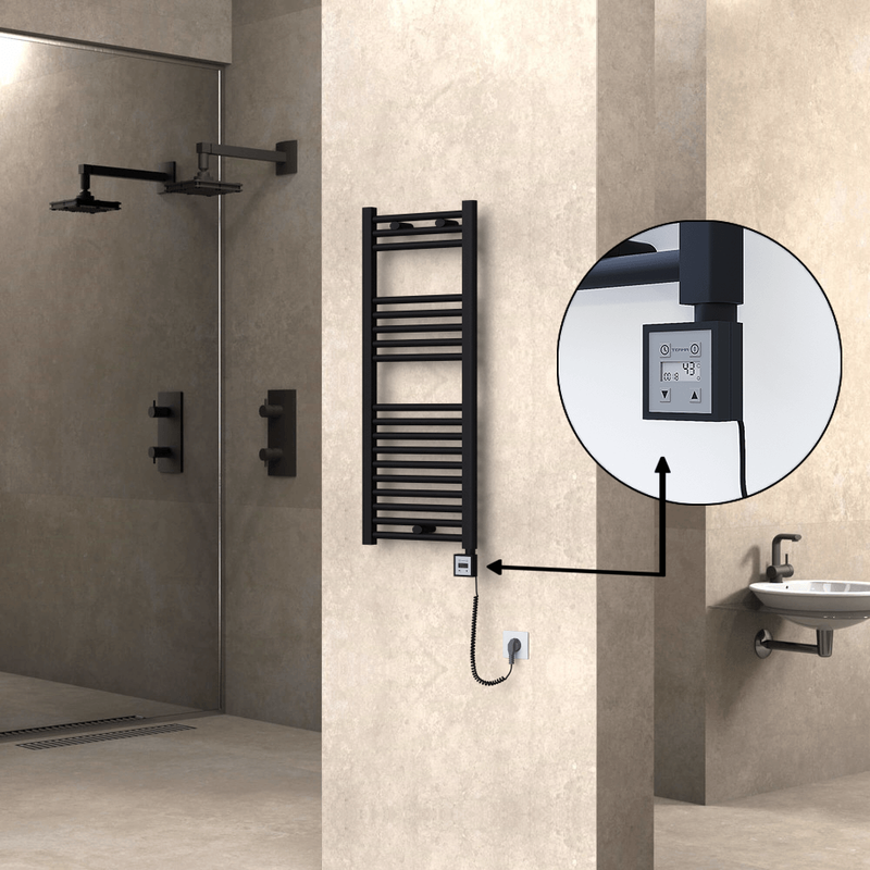 Haiti Electric Towel Warmer 400x1000 Flat Black Matt (KTX3 Thermostat) 300 Watt Spiral Cable