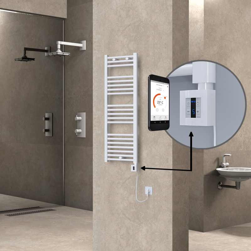Haiti Electric Towel Warmer 400x1100 Flat White Gloss (KTX4 Thermostat) 600 Watt Spiral Cable