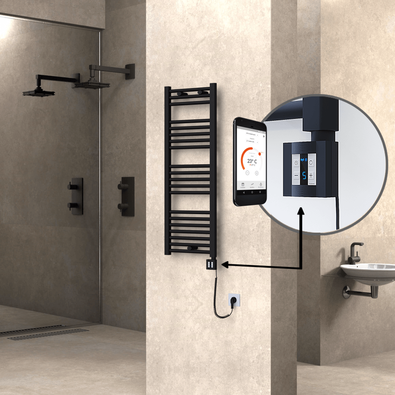 Haiti Electric Towel Warmer 400x1100 Flat Black Matt (KTX4 Thermostat) 600 Watt Spiral Cable