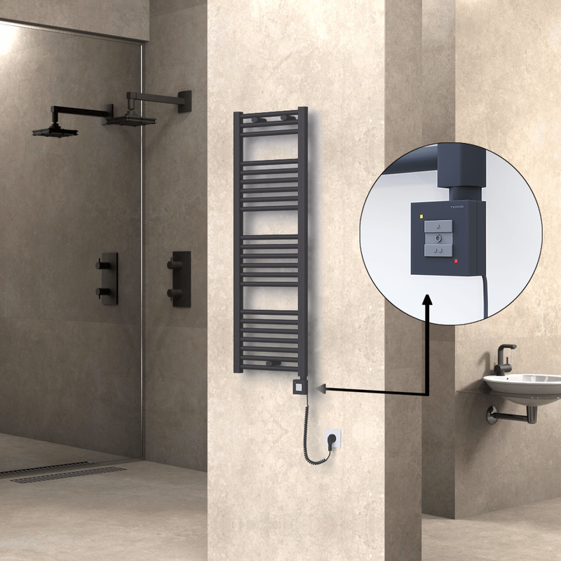Haiti Electric Towel Warmer 400x1200 Flat Anthracite Textured (KTX1 Thermostat) 600 Watt Spiral Cable