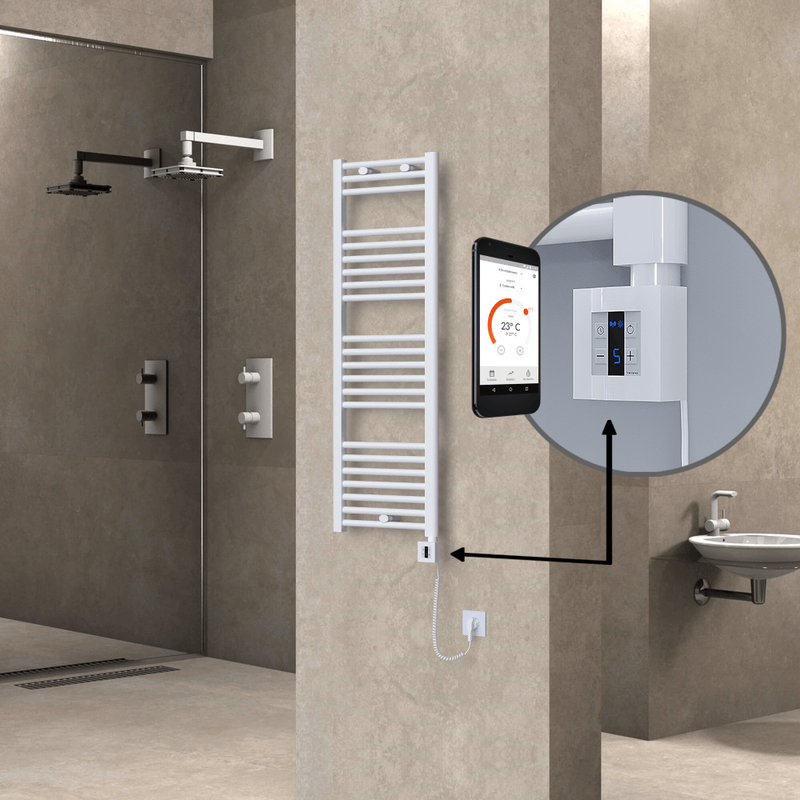 Haiti Electric Towel Warmer 400x1200 Flat White Gloss (KTX4 Thermostat) 600 Watt Spiral Cable