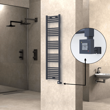 Radiva - Haiti Electric Towel Warmer 400x1500 Flat Anthracite Textured (KTX1 Thermostat) 600 Watt