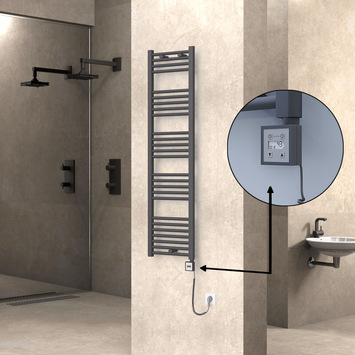Radiva - Haiti Electric Towel Warmer 400x1500 Flat Anthracite Textured (KTX3 Thermostat) 600 Watt Spiral Cable