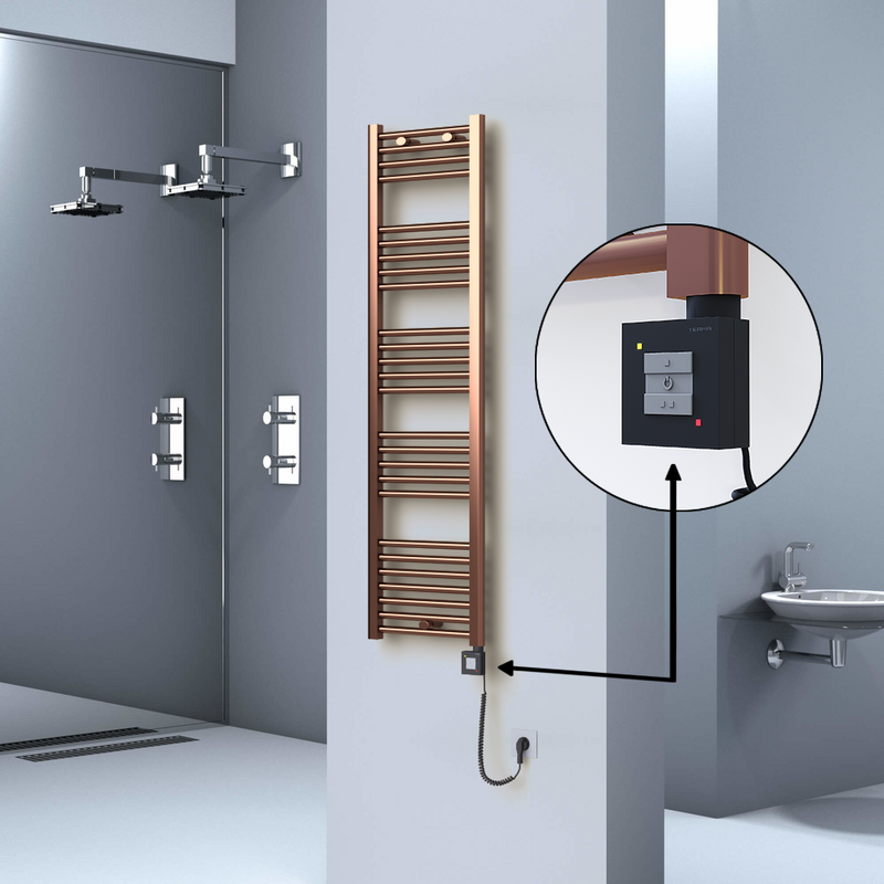 Haiti Electric Towel Warmer 400x1500 Flat Antique Copper Gloss (KTX1 Thermostat) 300 Watt Spiral Cable
