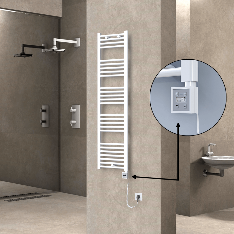 Haiti Electric Towel Warmer 400x1500 Flat White Gloss (KTX3 Thermostat) 600 Watt Spiral Cable
