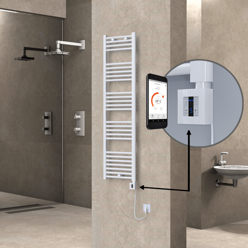 Haiti Electric Towel Warmer 400x1500 Flat White Gloss (KTX4 Thermostat) 600 Watt Spiral Cable