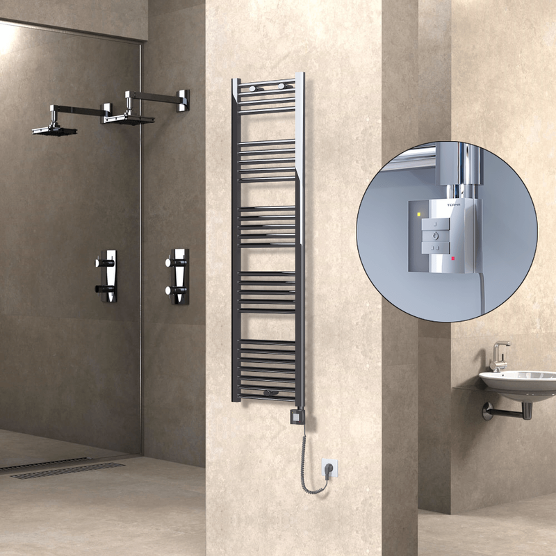 Haiti Electric Towel Warmer 400x1500 Flat Chrome (KTX1 Thermostat) 300 Watt Spiral Cable