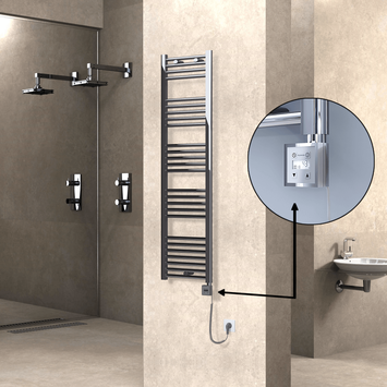 Radiva - Haiti Electric Towel Warmer 400x1500 Flat Chrome (KTX3 Thermostat) 300 Watt Spiral Cable