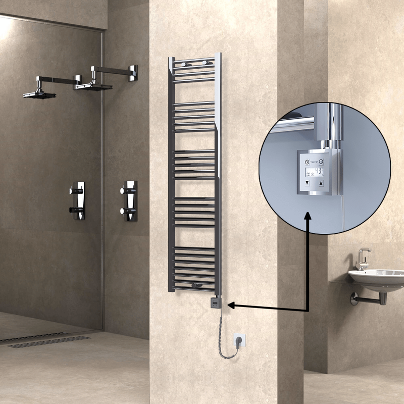 Haiti Electric Towel Warmer 400x1500 Flat Chrome (KTX3 Thermostat) 300 Watt Spiral Cable