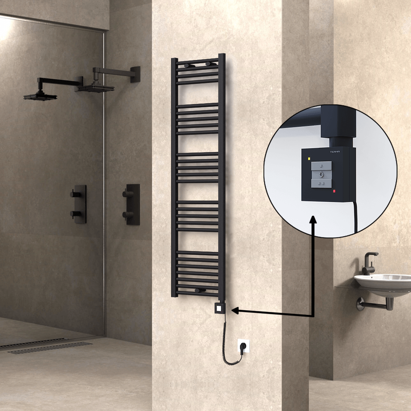 Haiti Electric Towel Warmer 400x1500 Flat Black Matt (KTX1 Thermostat) 600 Watt Spiral Cable