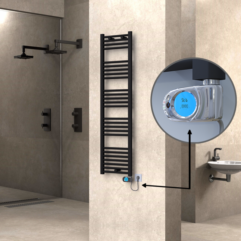 Haiti Electric Towel Warmer 400x1500 Flat Black Matt (Musa Thermostat) 600 Watt