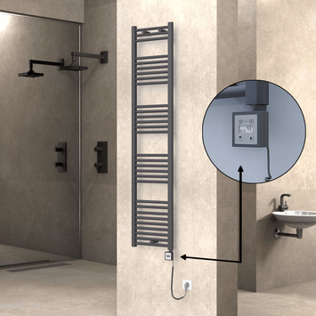 Radiva - Haiti Electric Towel Warmer 400x1800 Flat Anthracite Textured (KTX3 Thermostat) 600 Watt Spiral Cable