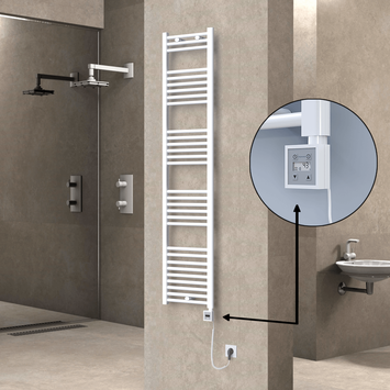  - Haiti Electric Towel Warmer 400x1800 Flat White Gloss (KTX3 Thermostat) 600 Watt Spiral Cable