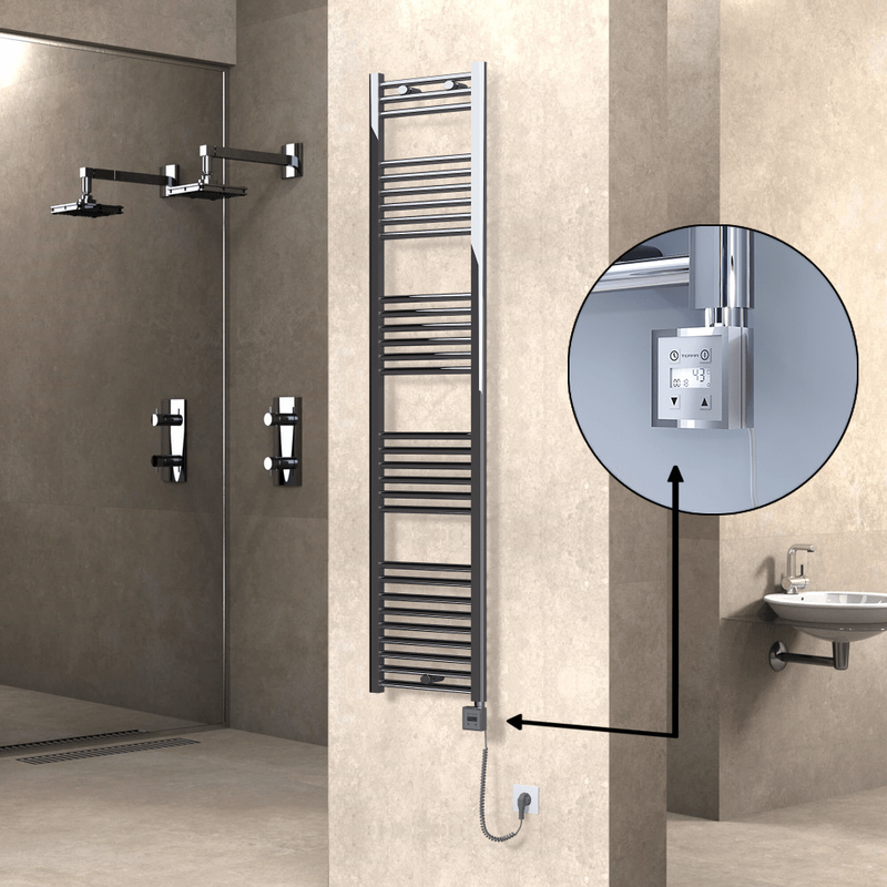 Haiti Electric Towel Warmer 400x1800 Flat Chrome (KTX3 Thermostat) 300 Watt Spiral Cable