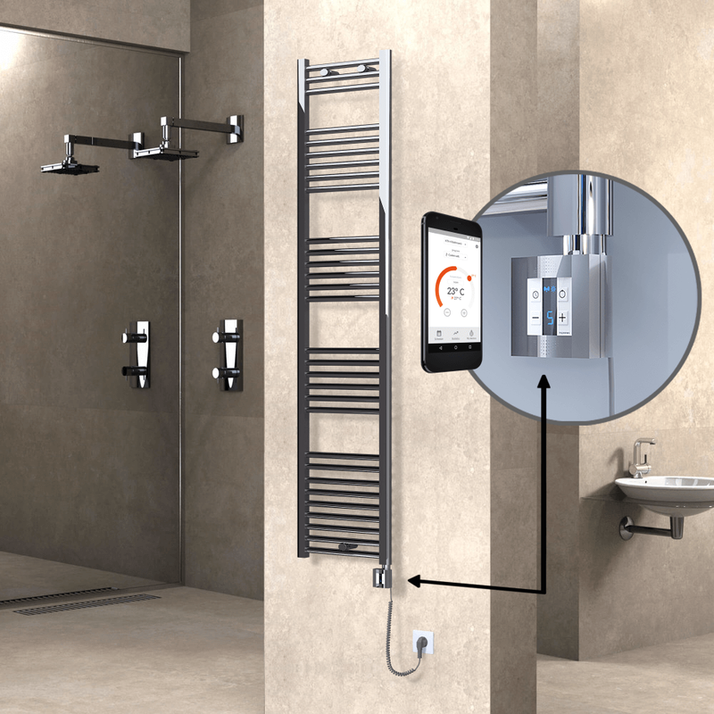 Haiti Electric Towel Warmer 400x1800 Flat Chrome (KTX4 Thermostat) 300 Watt Spiral Cable