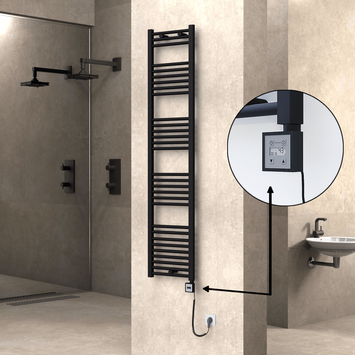 Radiva - Haiti Electric Towel Warmer 400x1800 Flat Black Matt (KTX3 Thermostat) 600 Watt Spiral Cable